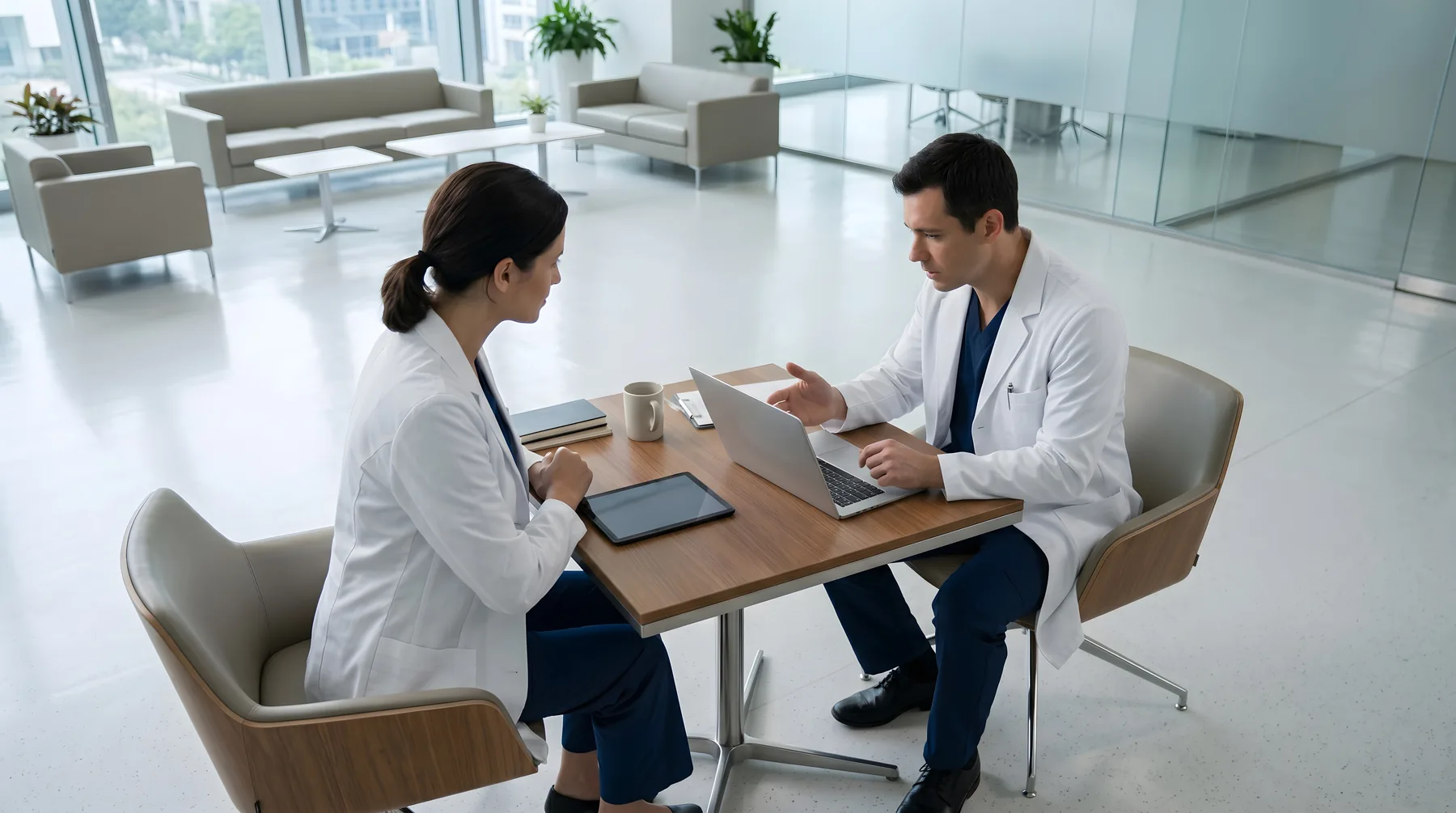 Two clinicians reviewing a plan of care together in a bright modern clinic